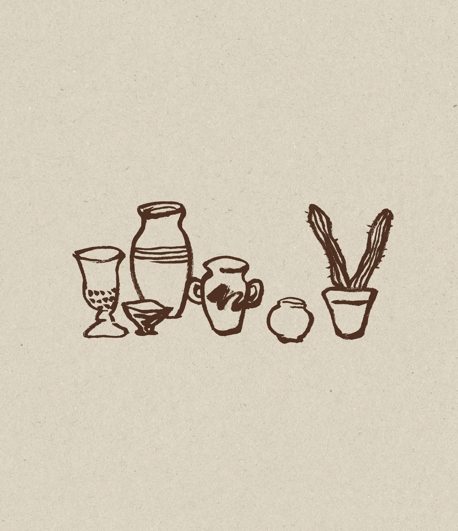 A illustration of various pottery and plant items for branding of Cabrillo at Downtown LA Proper Hotel
