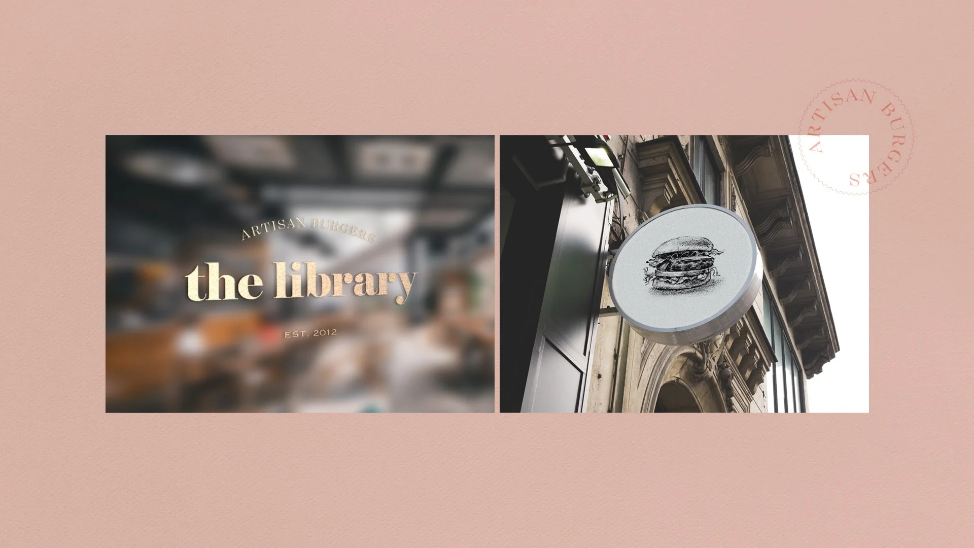window decal and sign design for artisan burger restaurant called The Library