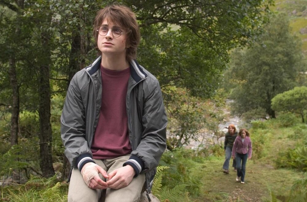 Harry Sits by Waterfall with Ron and Hermione approaching.jpg