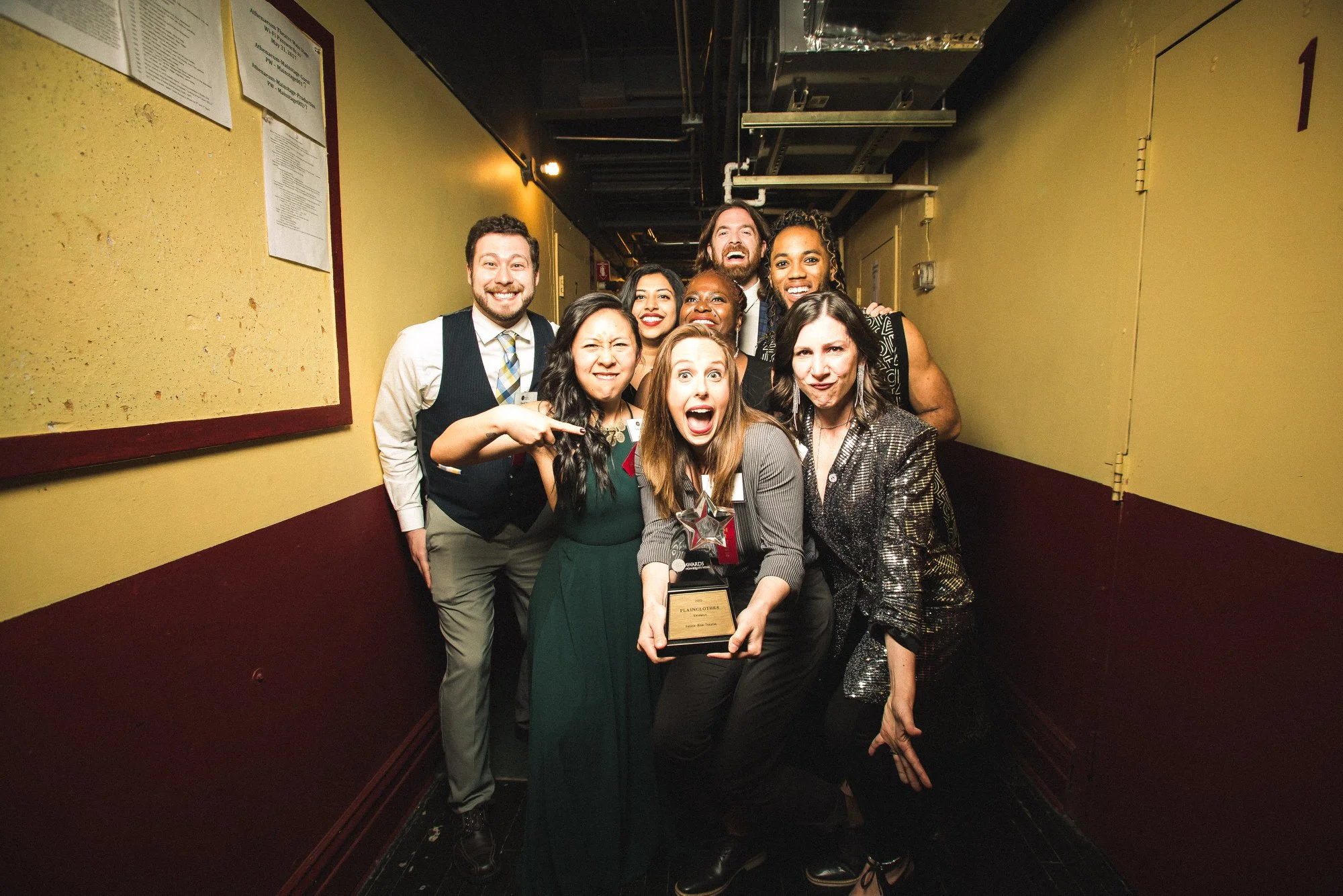 The cast of PLAINCLOTHES receiving the 2019 Jeff Award for Best Ensemble. Photo by Joe Mazza/Brave Lux.