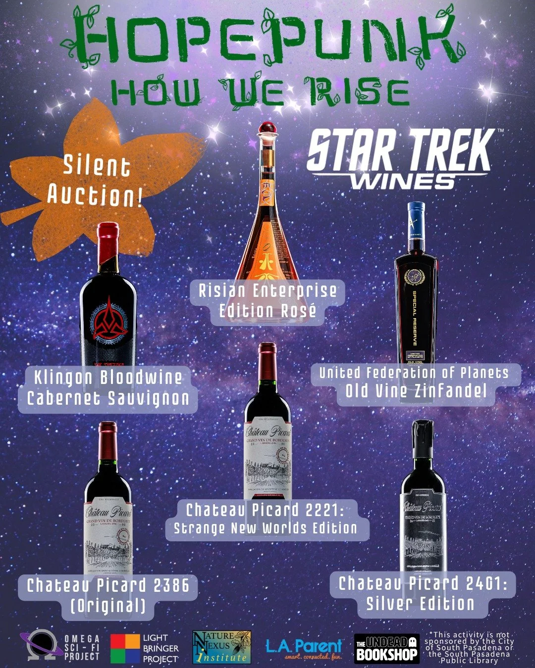 Hey, wine nerds, join us! 

I am ever so excited to say we are auctioning off a selection of Star Trek Wines at the Omega Sci-Fi Project fundraiser next Sunday. Picard's home vintage? Come on! How cool is that?

Have you bought your ticket yet? It's 