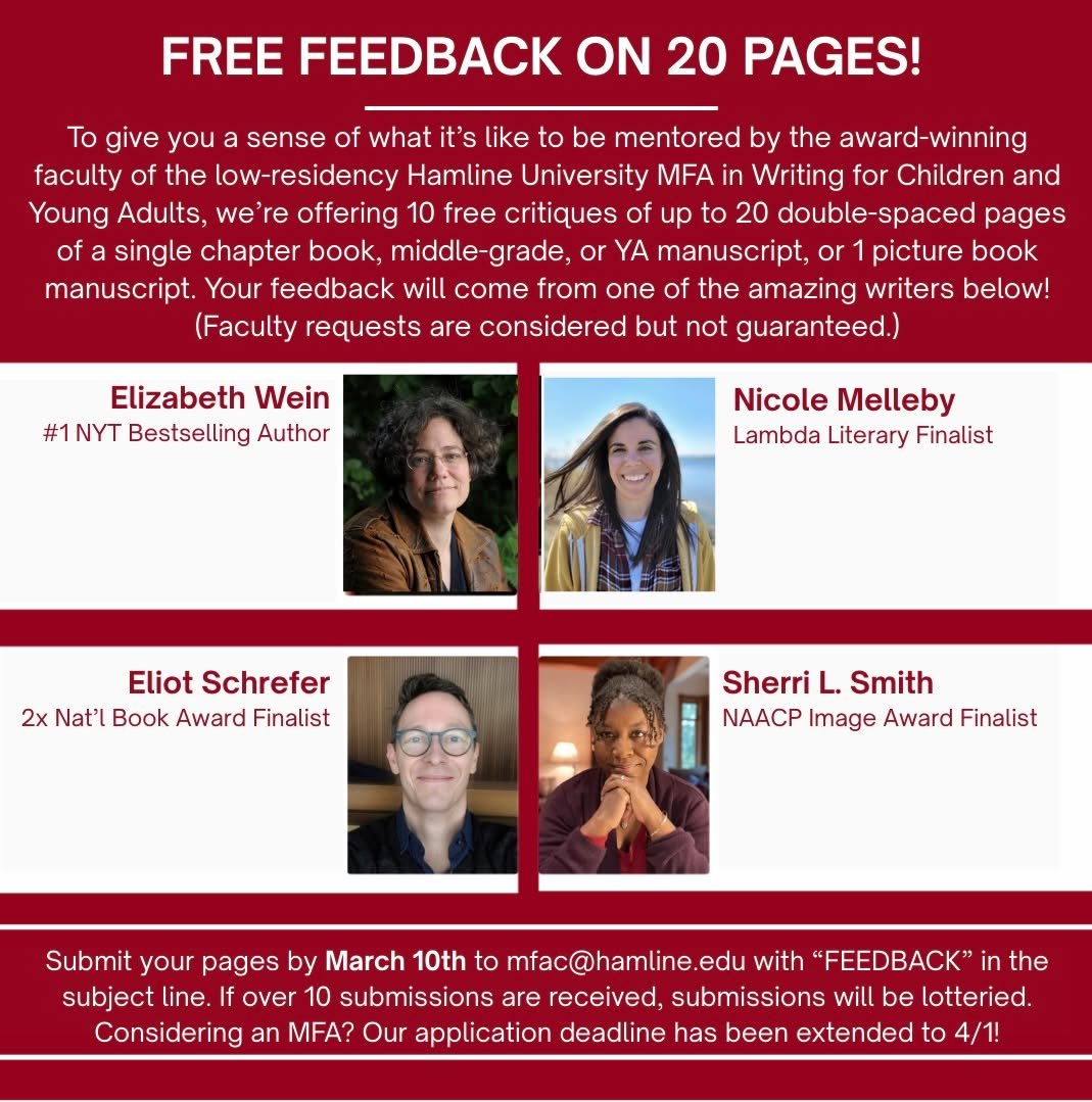 Free feedback from award winning authors&mdash; what?!!

If you are MFA curious about Hamline University&rsquo;s creative writing for children and young adults program, come get a taste of what our mentor-based learning is like. Students get one-on-o