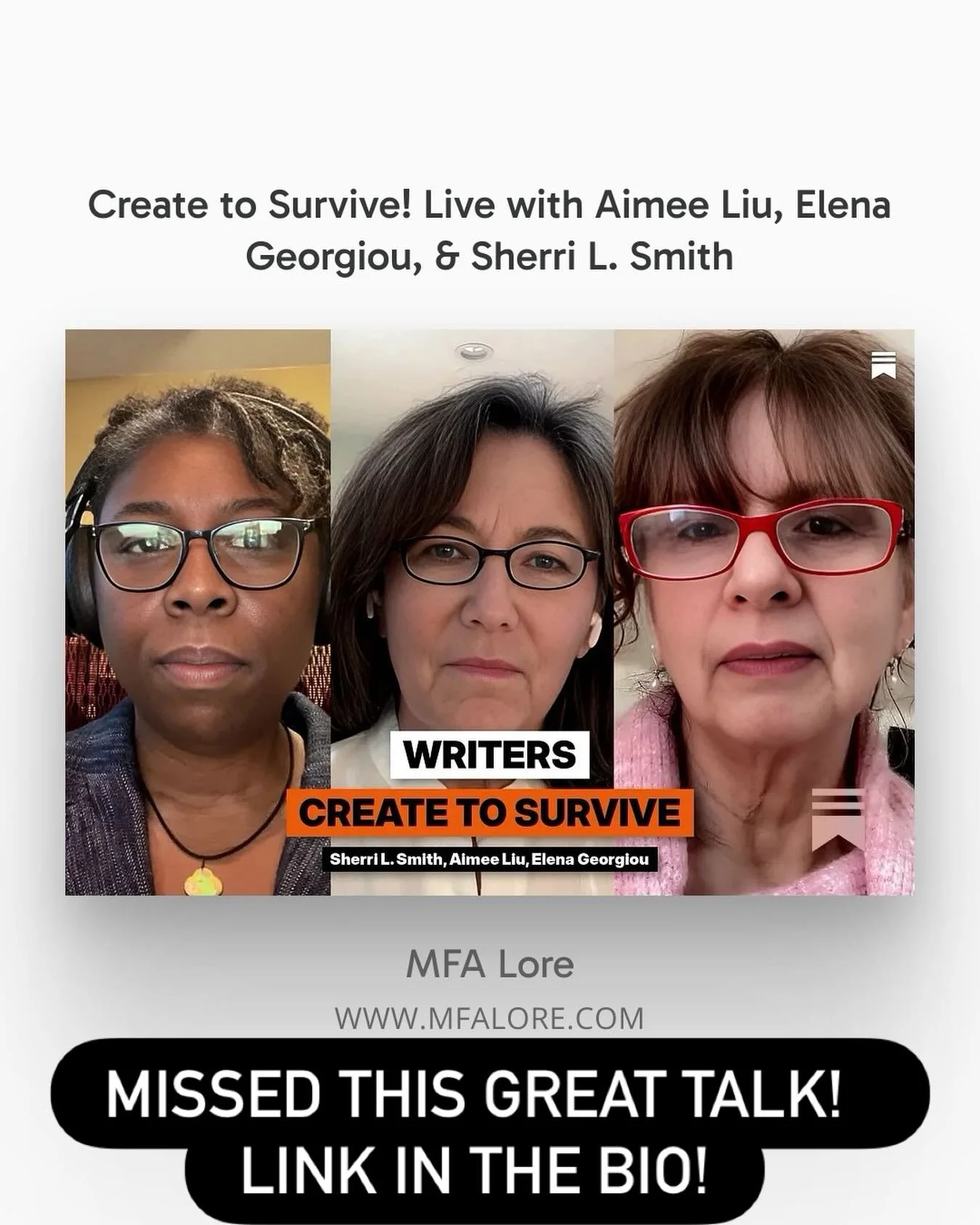 @aimeeeliu, Elena Georgiou, and I had a great conversation about keeping your creativity alive in times of struggle.  If you missed it Monday, don&rsquo;t fret! The recording is up and running. Link in the bio.
#writingcommunity #writinglife #creativ