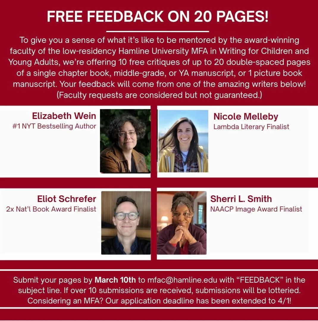 Free feedback from award winning authors&mdash; what?!!

If you are MFA curious about Hamline University&rsquo;s creative writing for children and young adults program, come get a taste of what our mentor-based learning is like. Students get one-on-o