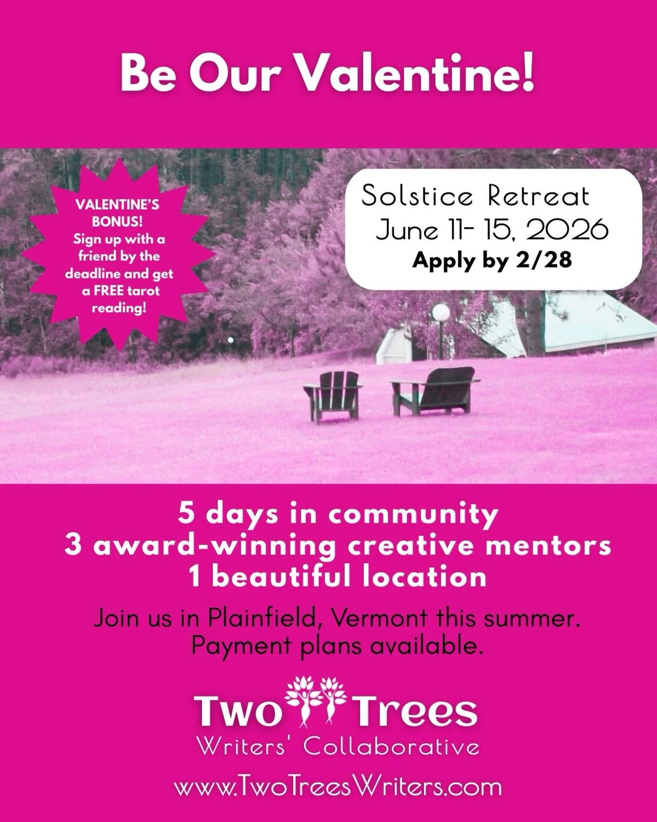 A couples perk!  Sign up for the Two Trees Solstice Retreat with a friend by the end of February and receive a free tarot reading by our own @reiko_writes!  She&rsquo;s amazing, folks, and bound to give you insight into your creative life.  A $200 va