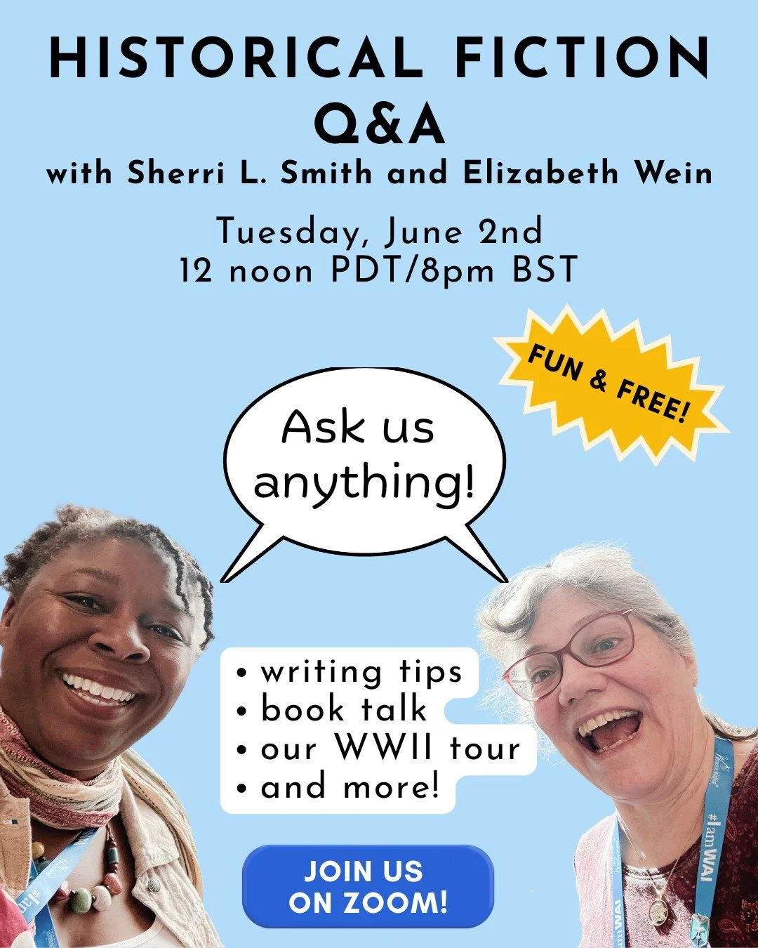 Join me and my talented American Wings co-author, Elizabeth Wein in a Historical Fiction free-for-all! 

We&rsquo;ll be online for an hour to give you tips and answers to your questions about writing history, reading history, doing research, and upda