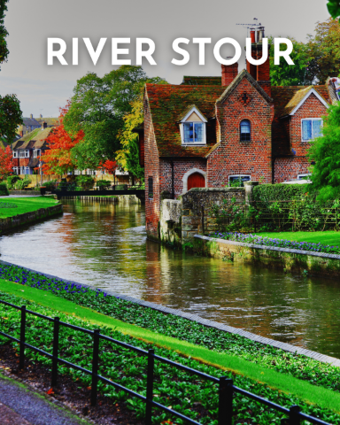 A small river flows between stone walls and green banks dotted with purple flowers, past an old brick building and autumn trees.