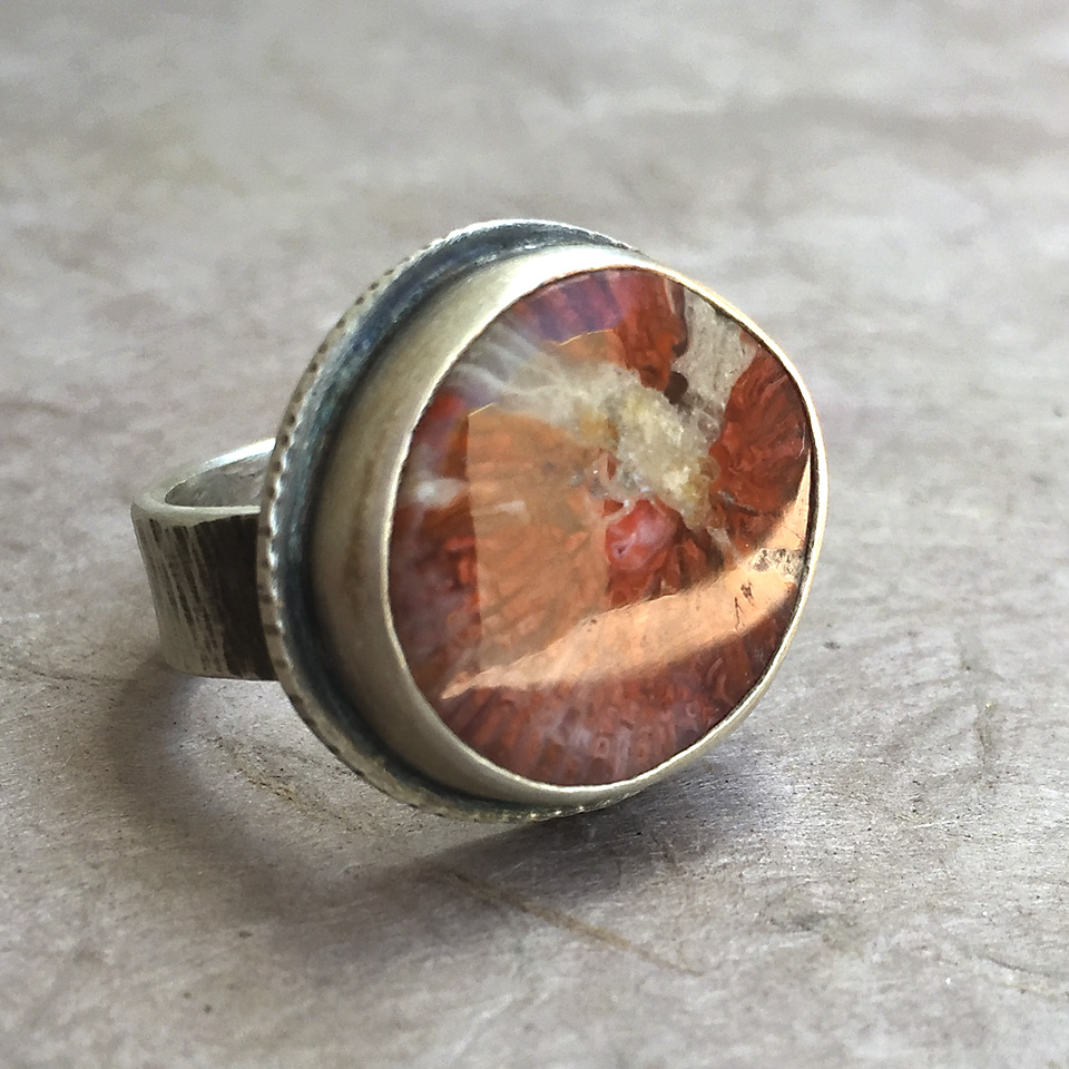 Red Fossil coral, sterling ring