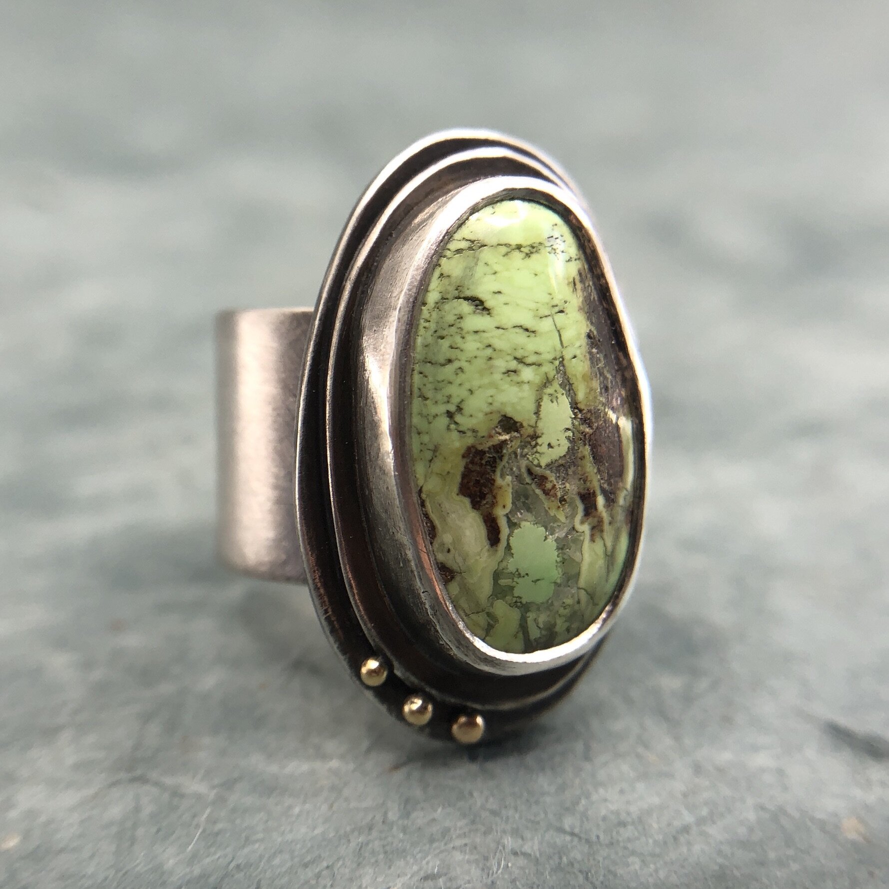 One of a kind Gaspite ring with sterling and 18k gold.