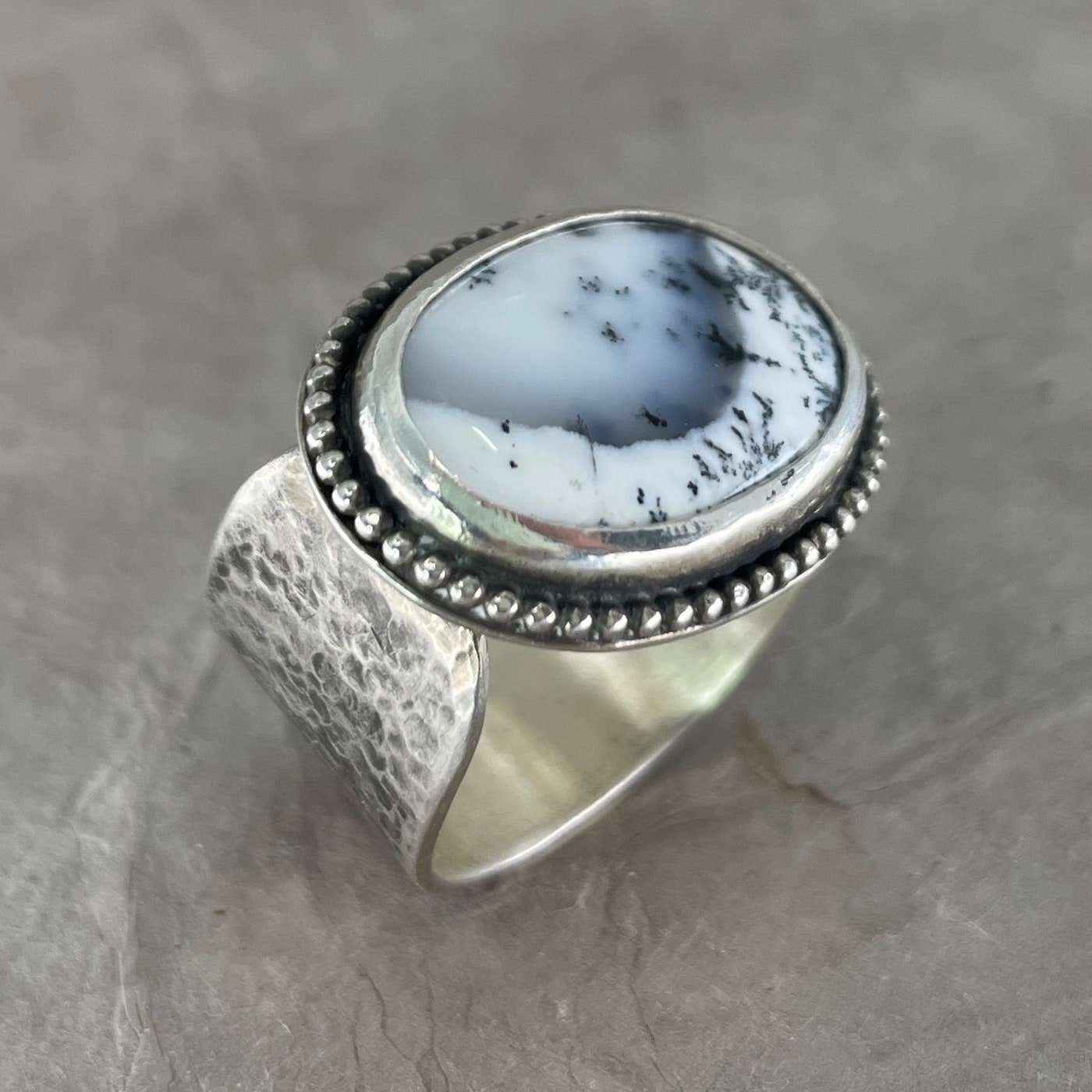  Dentritic agate and sterling ring. The agate’s markings are reminiscent of a forest snowscape. ©CRose2022 