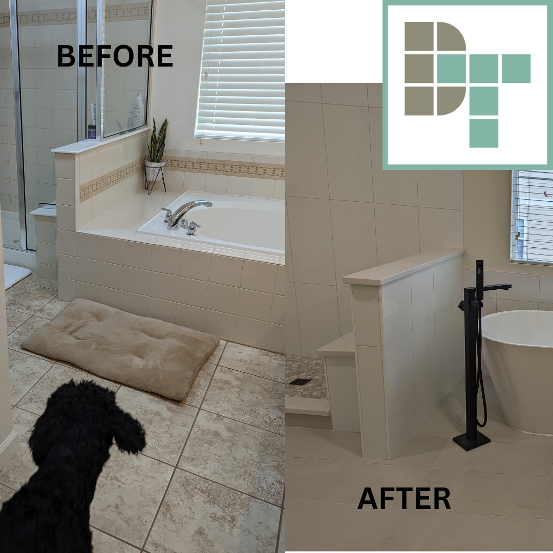Layout Reconfiguration: Demolition of the original enclosed tile apron and bulky jetted tub deck to make room for a luxury standalone soaking tub.