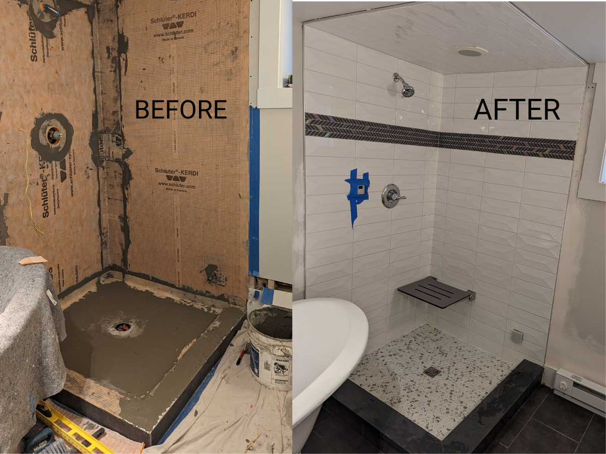 Custom walk-in steam shower with high-end subway tile work, shower pan, floating seat and Schluter-Kerdi waterproofing system by contractor in Denver