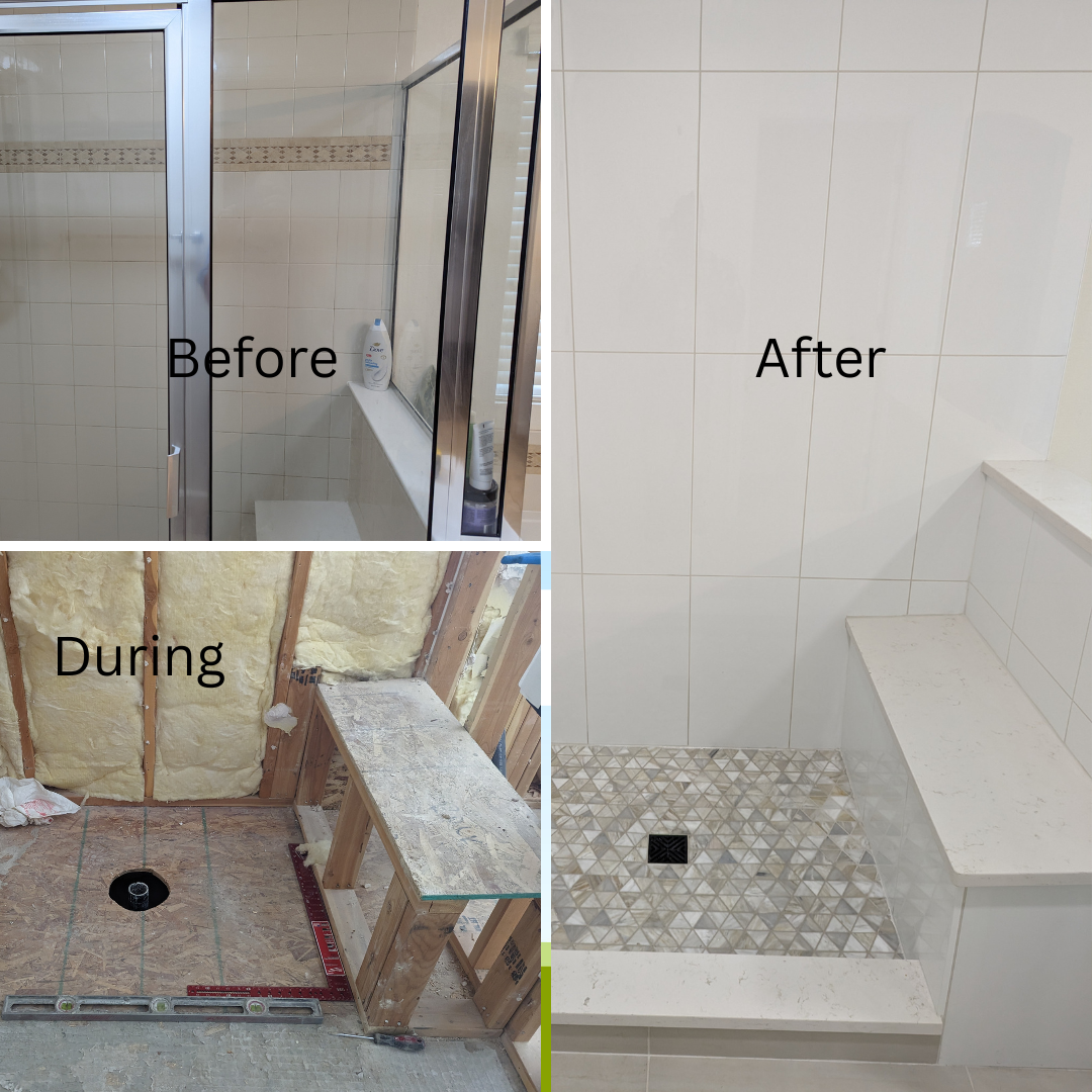 Premium Finishes: Close-up detail of the custom-tiled Daltile porcelain shower walls and the kerdi membrane waterproofed tile shower bench featuring a seamless solid surface quartz seat and mosaic tile from Crossville Studios.