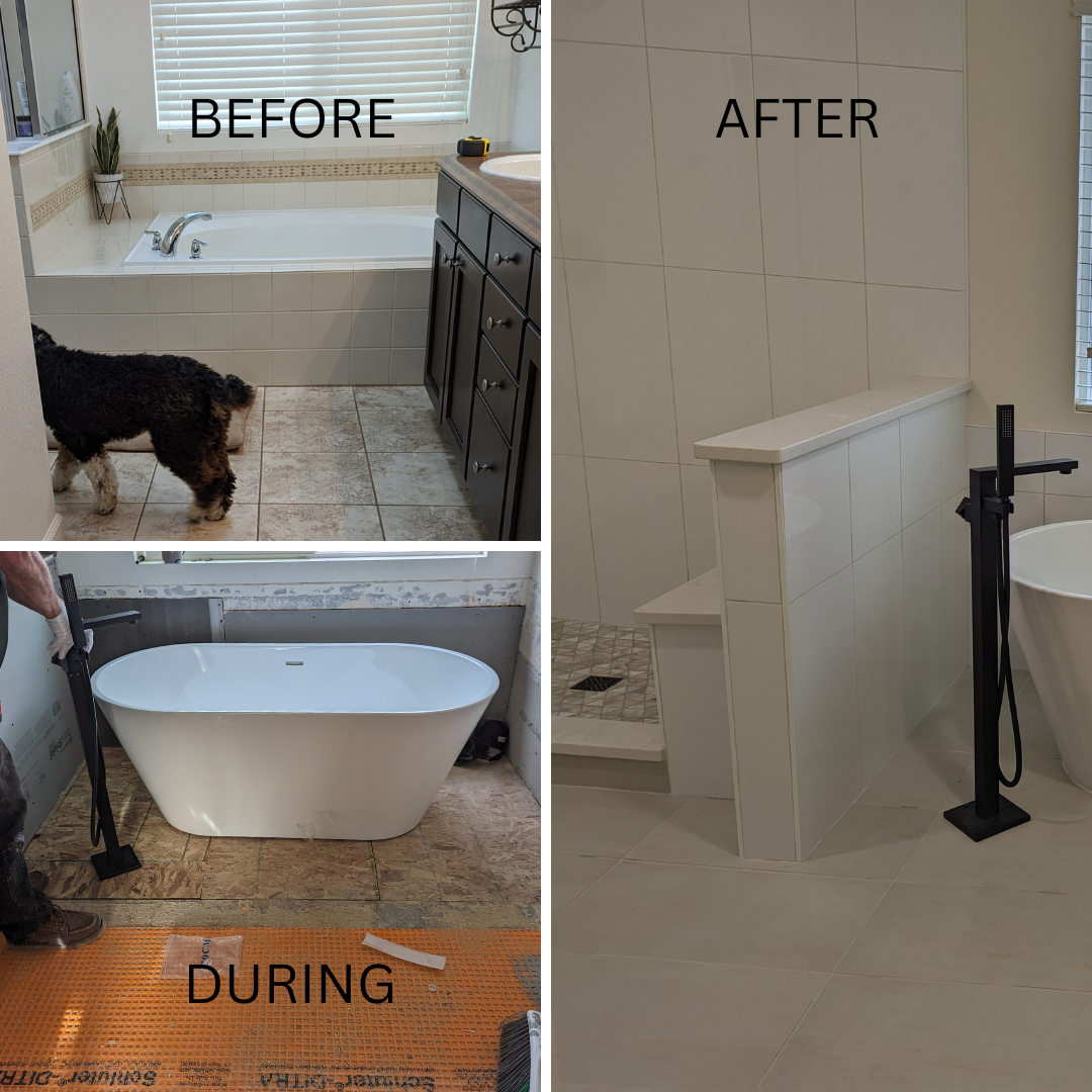 Before demolition, roughing in of plumbing, and fully finished kerdi pan with quartz bench and tub filler in black finish with Stand alone tub.