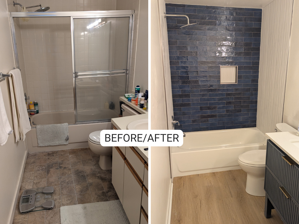 Modern tub and hand-made ceramic tile shower with kerdi niche and new double vanity bathroom remodel by contractor in Denver