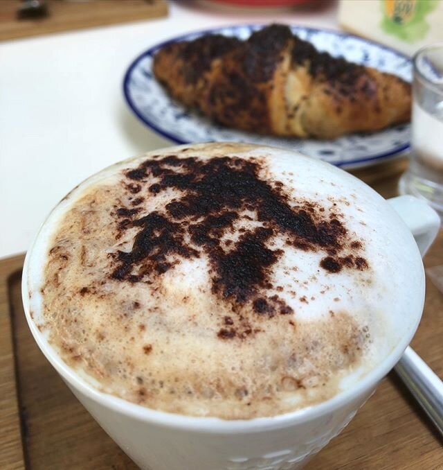 Chocolate croissant and cappuccino makes my heart happy! How do you like to start your day when you travel? Catch up on my restaurant reviews to find the best stops in Gav&agrave; Mar and Barcelona. #chew #travel #foodie #coffee