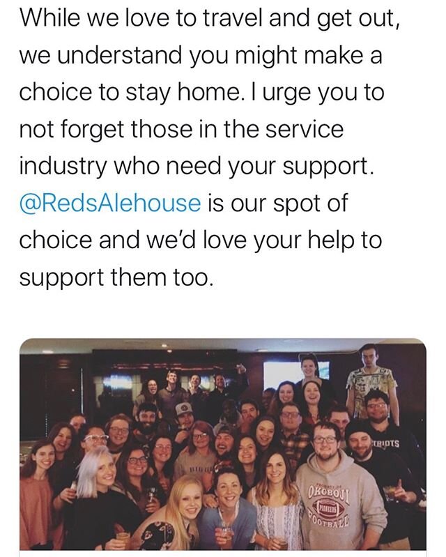 While our next travel destination is uncertain at this point based of recent travel restrictions due to COVID-19, we have not forgotten our local community. We are continuing to drive our support to local servers @reds.alehouse! Don&rsquo;t forget to