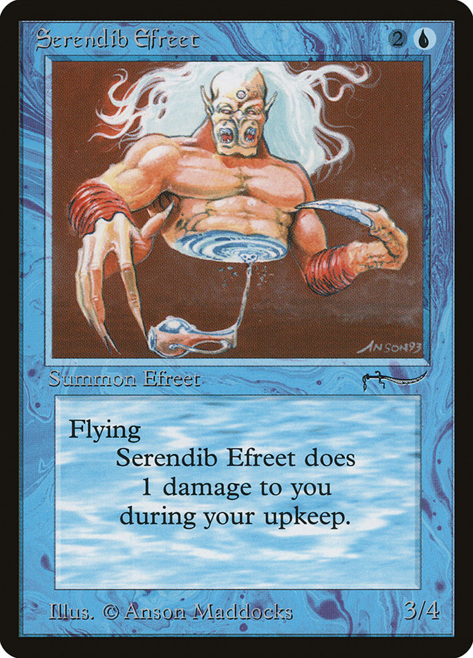 Side-by-side comparison of the Arabian Nights printing of Serendib Efreet and the green version from Revised.