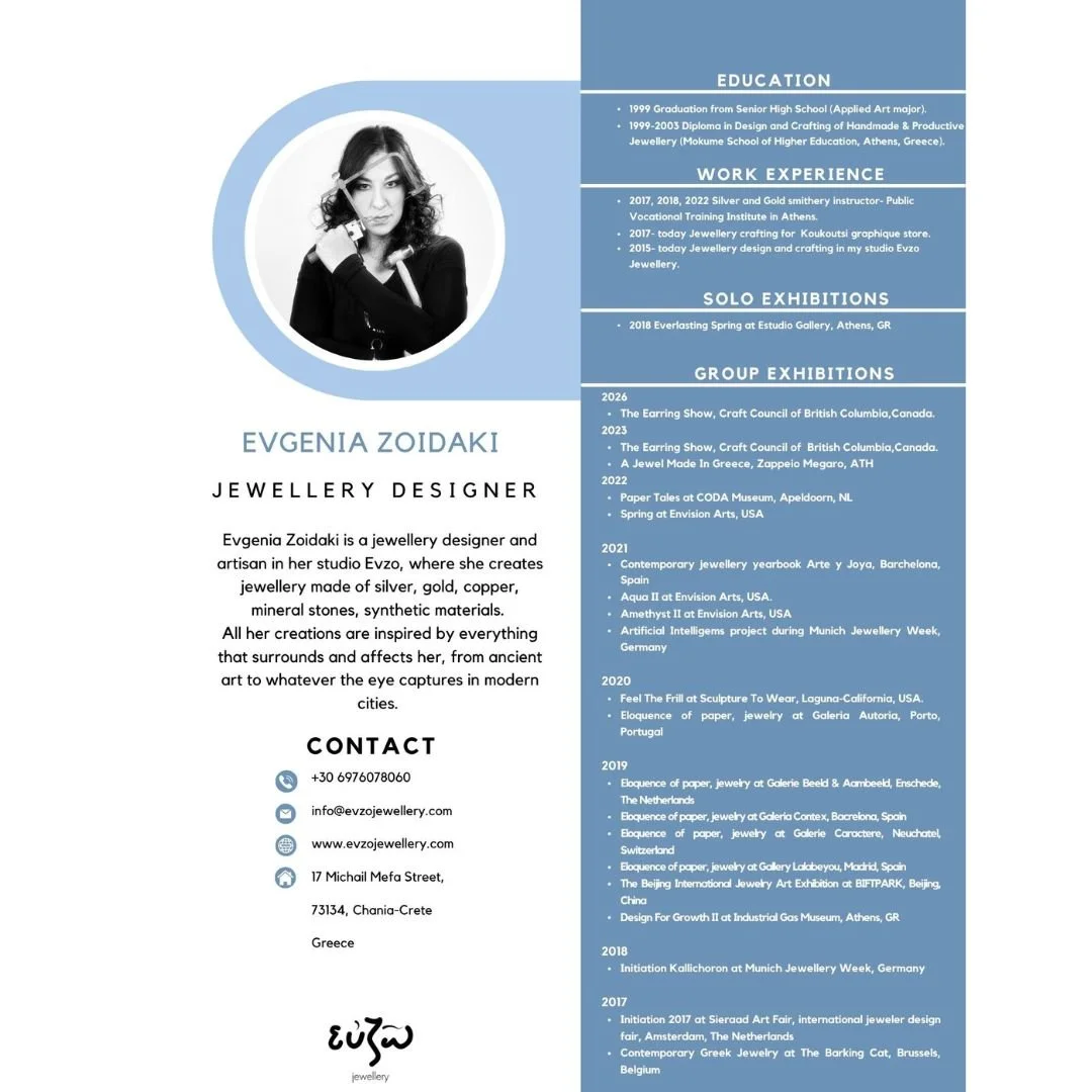 A resume featuring a black and white photo of Evgenia Zoidaki, a jewelry designer, on the left. The right side outlines her education, work experience, solo and group exhibitions, and contact information in blue and white sections.