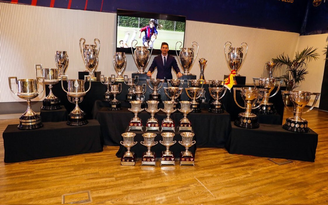 Leo Messi pictured with all of his first team trophies from his storied career with Barcelona FC