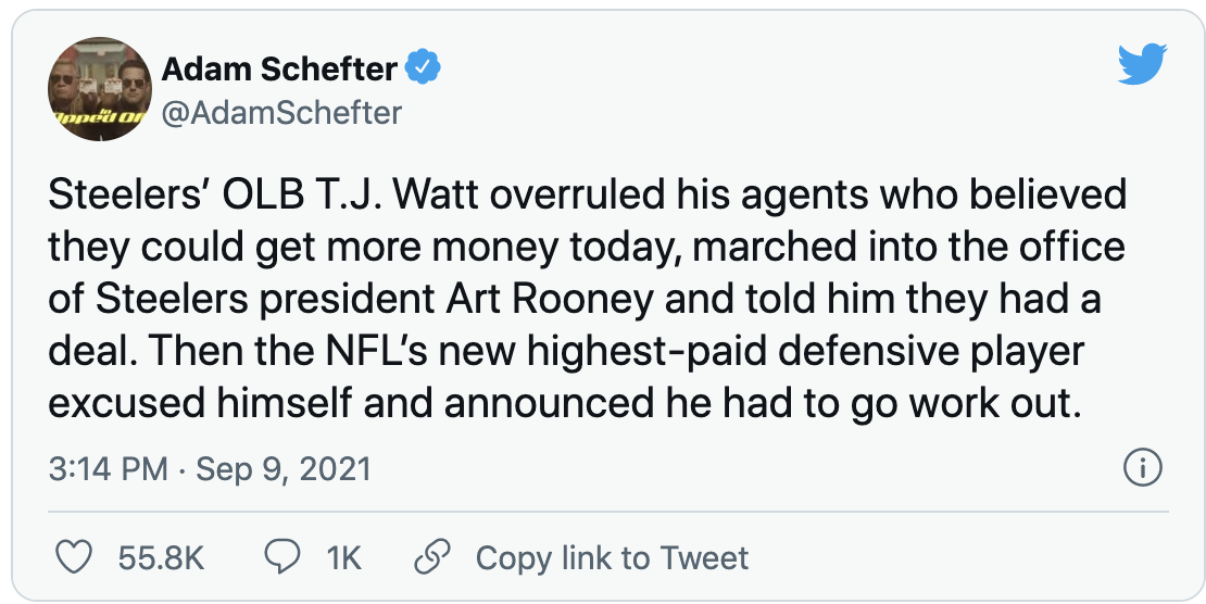 Adam Schefter tweeting report of Watt overruling his agent