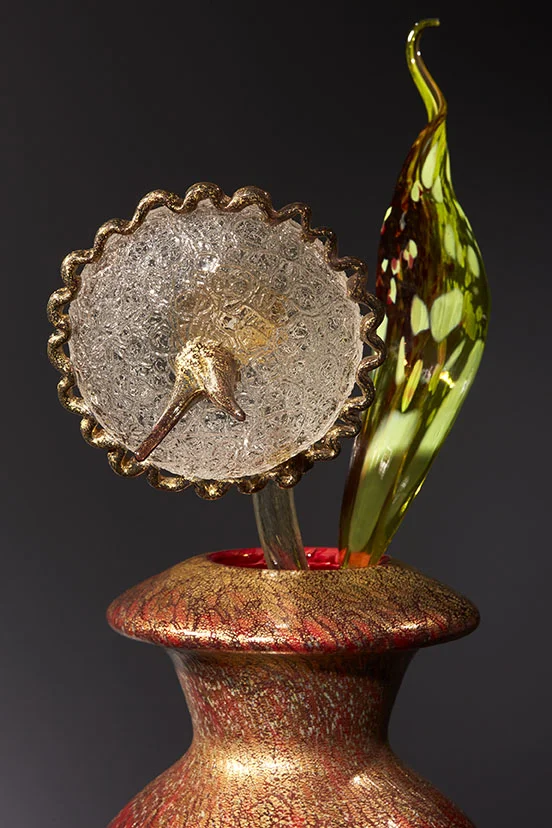 Gilded Carmine Ikebana with Stem and Citron Leaf, 2018