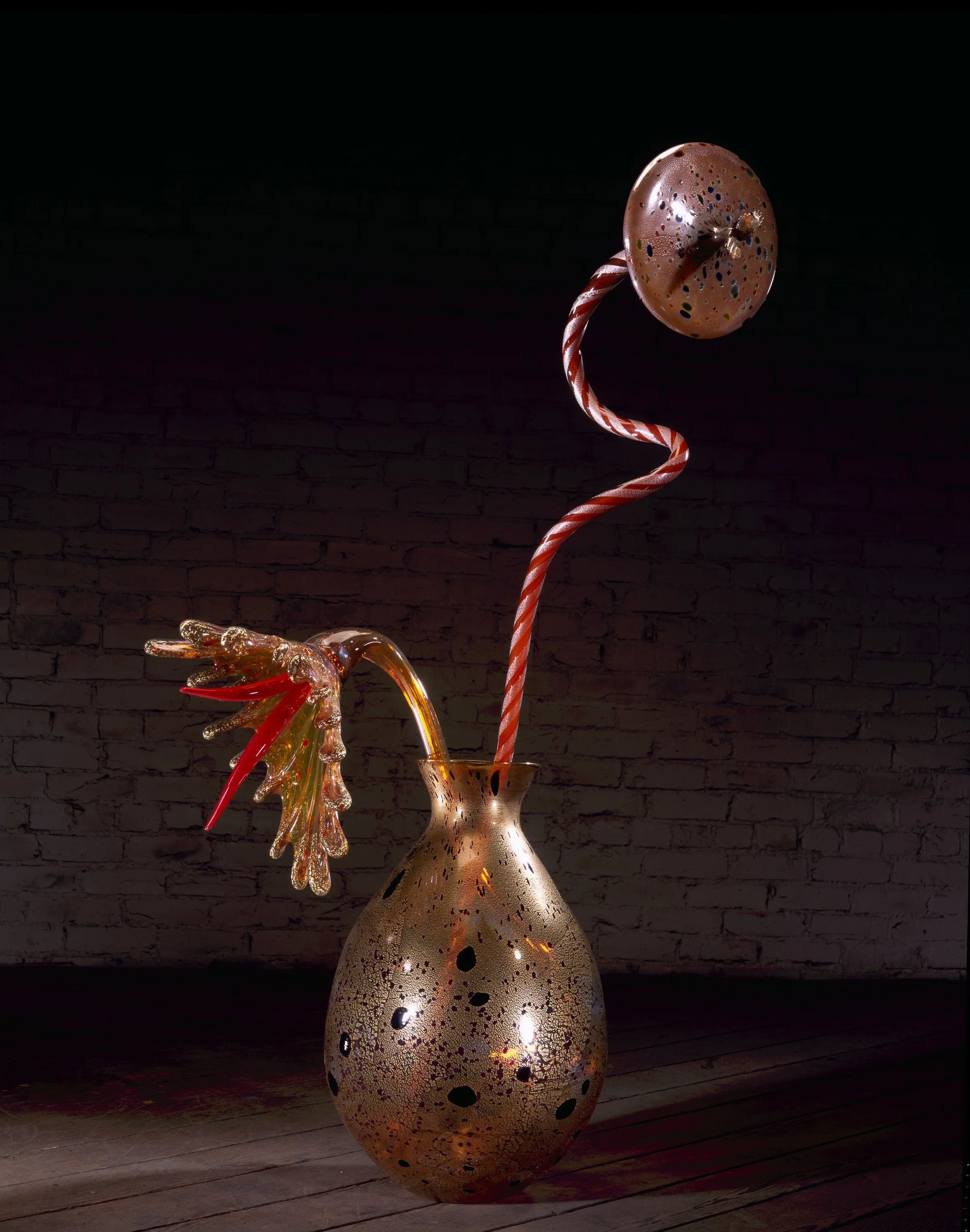 Antique Brass Ikebana with Amber and Caramel Stems, 2002