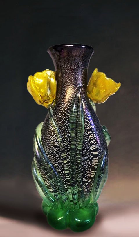 Iridescent Amethyst with Yellow Tulips and  Silver Leaf,  2019