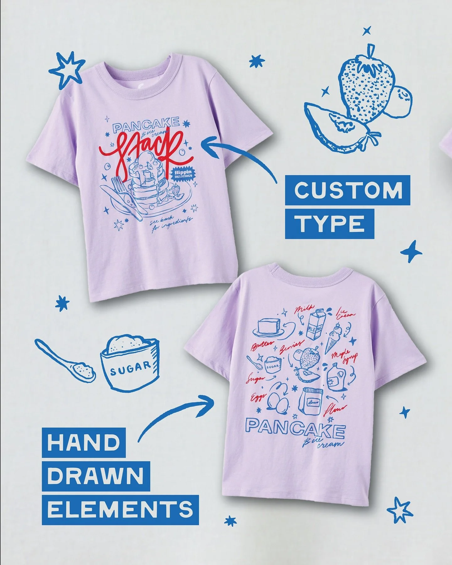 PANCAKES & ICE CREAM 🍓✨🥞🍦
One of many tasty tees in the mix for Cotton On Kids - part of a playful food series celebrating all things delicious and dribbly. This one’s stacked high with custom type, hand-drawn ingredients, and a sprinkl
