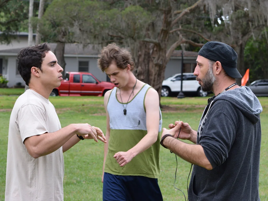 Actors Andrew Romano and Zach Lane with writer/director Fred Zara on set for ‘The Suicide Of James Rider’ in March 2018 | Courtesy of Erin Laine