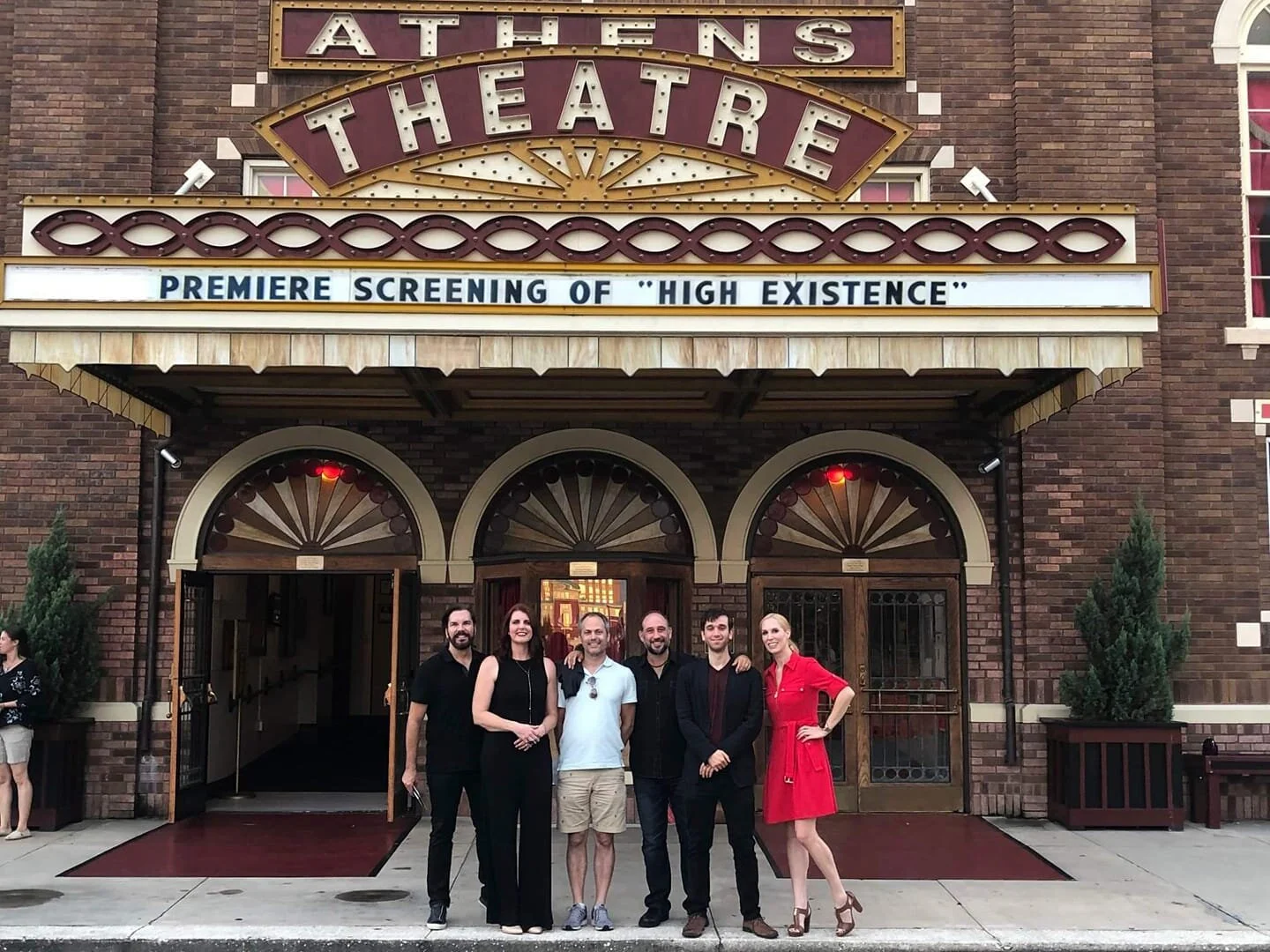 L-R: Wiley Lowe, Sara Humbert, Steve Lane, Fred Zara, Brandon Hofmann, and Erin Laine at the Athen’s Theatre | Courtesy of Fourth Man Productions Facebook