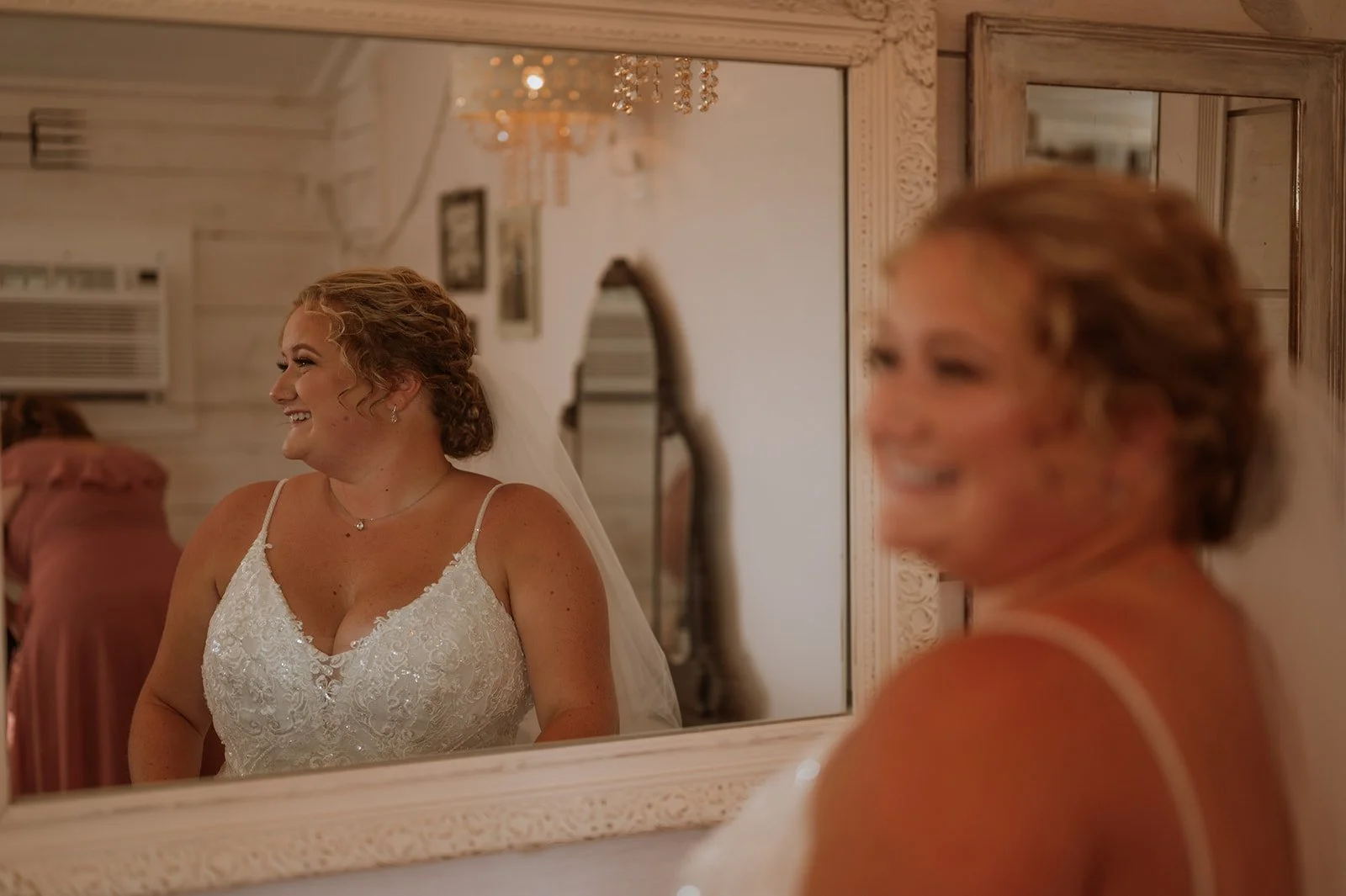 Photo of Bride on wedding day in the Cabin, a getting ready suite at Adler Ranch MN Wedding Venue, what to do with wedding dress scraps