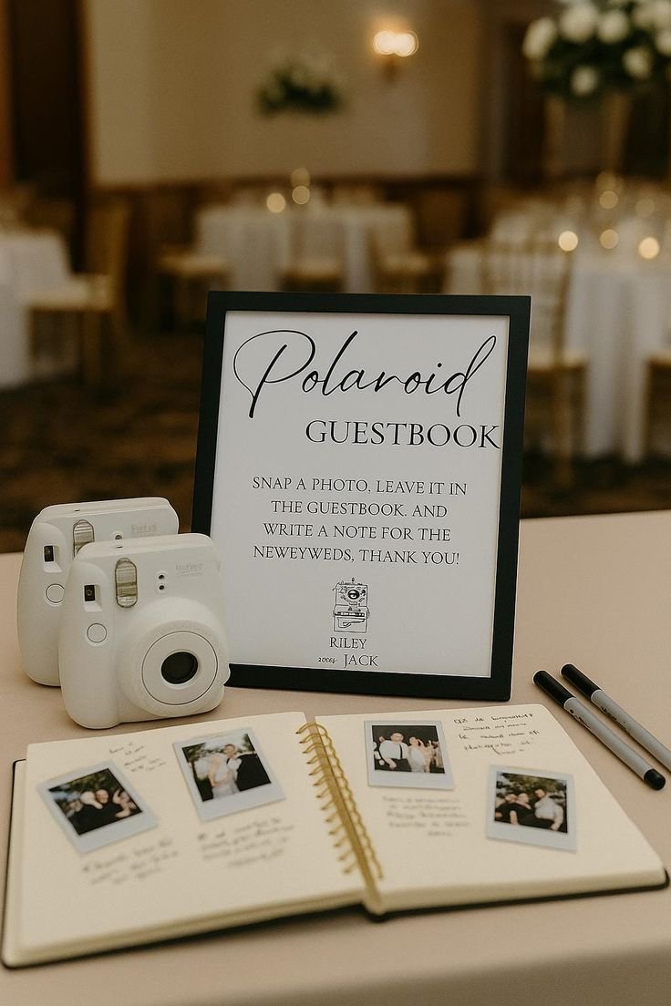 Photo of Polaroid camera and book for alternative wedding guestbook idea, Adler Ranch wedding venue, MN Wedding Venue