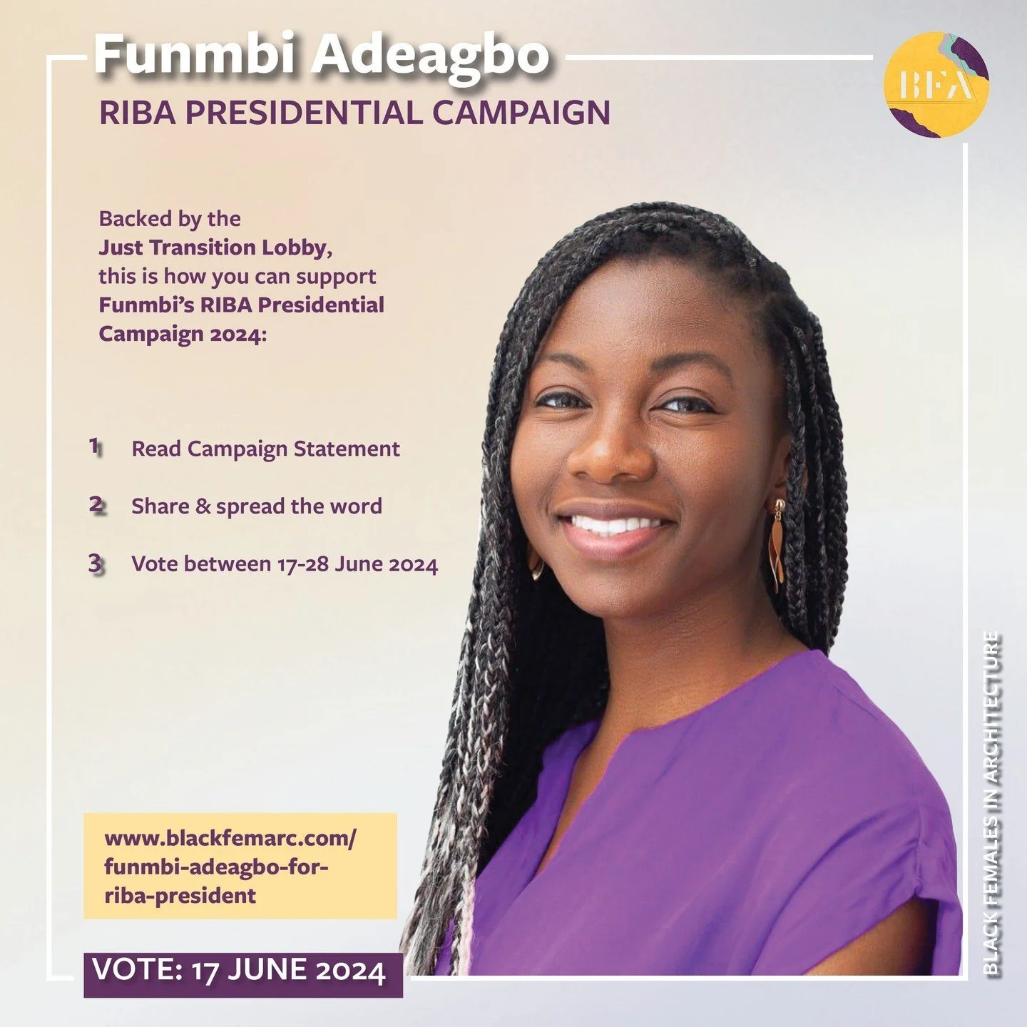 We are so excited to support @funmbi.thearchitect Funmbi Adeagbo's 2024 RIBA Presidential Campaign backed by @fa.front. Support by:
1) Read the campaign statement
2) Spread the word
3) Vote between 17-28 June 
.
# firstblackfemaleRIBApresident