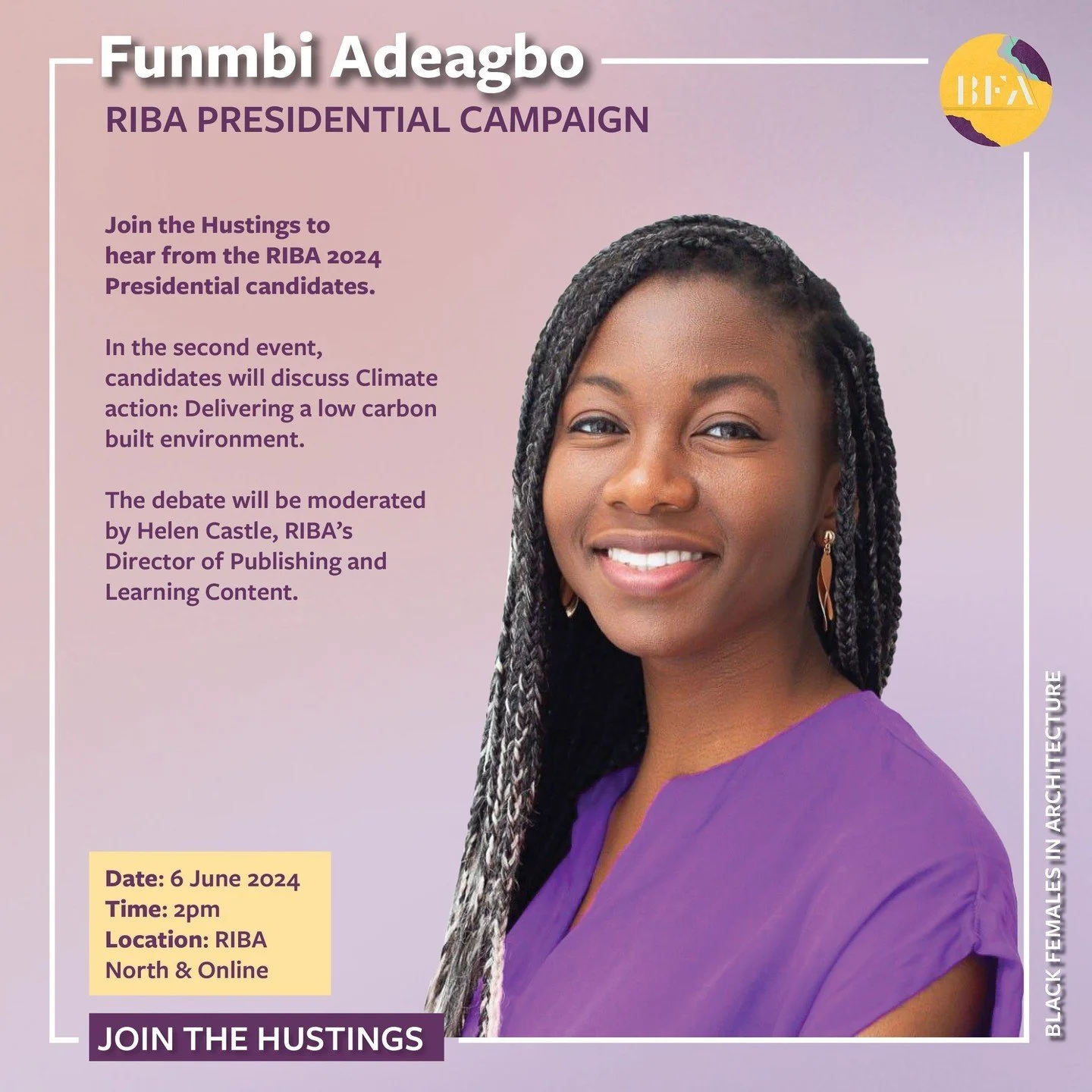 Join the second Hustings to hear our RIBA Presidential Candidate @funmbi.thearchitect discuss climate action, delivering a low carbon built environment, in conversation with the other candidates.
.
#RIBABlackFemalePresident