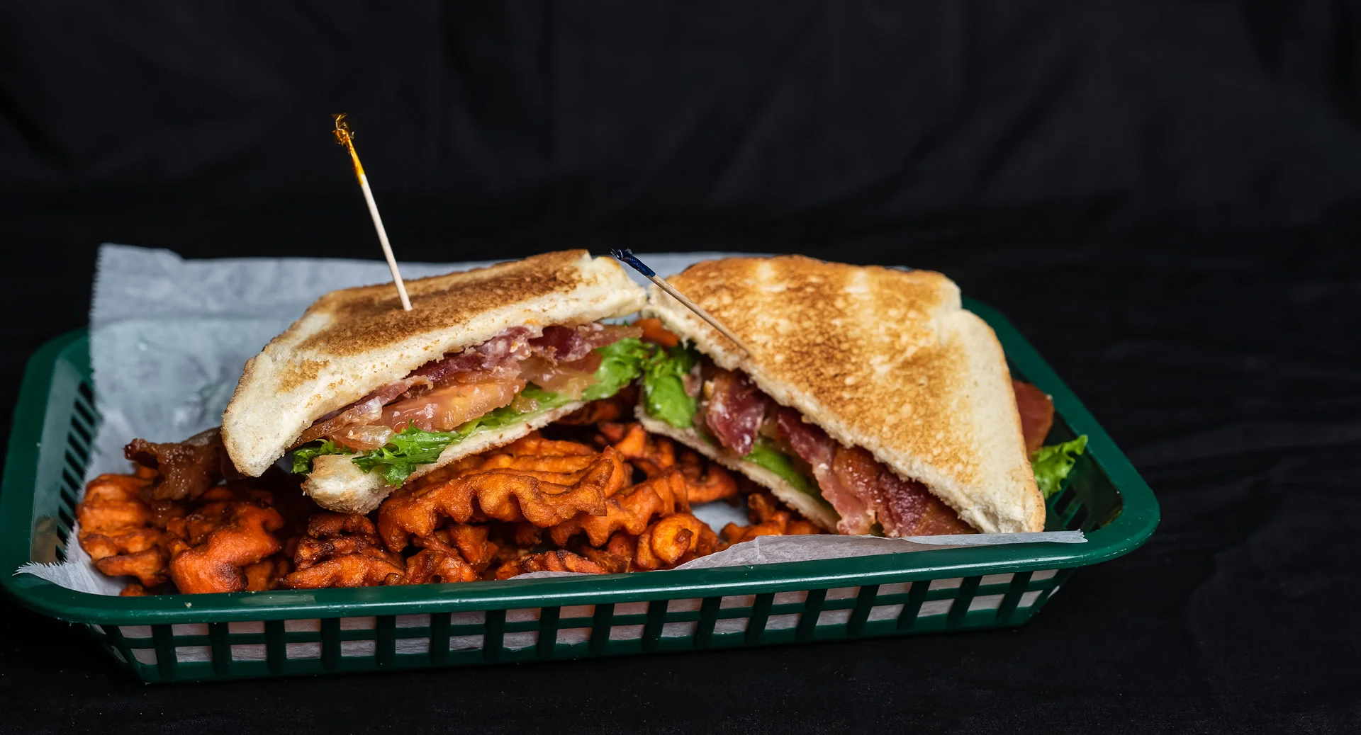 Big BLT Crisp Bacon served on Texas Toast and topped with mayo, lettuce, and tomato. Served with your choice of steak fries, french fries, onion rings, chips, or Texas Toothpicks. 8.00