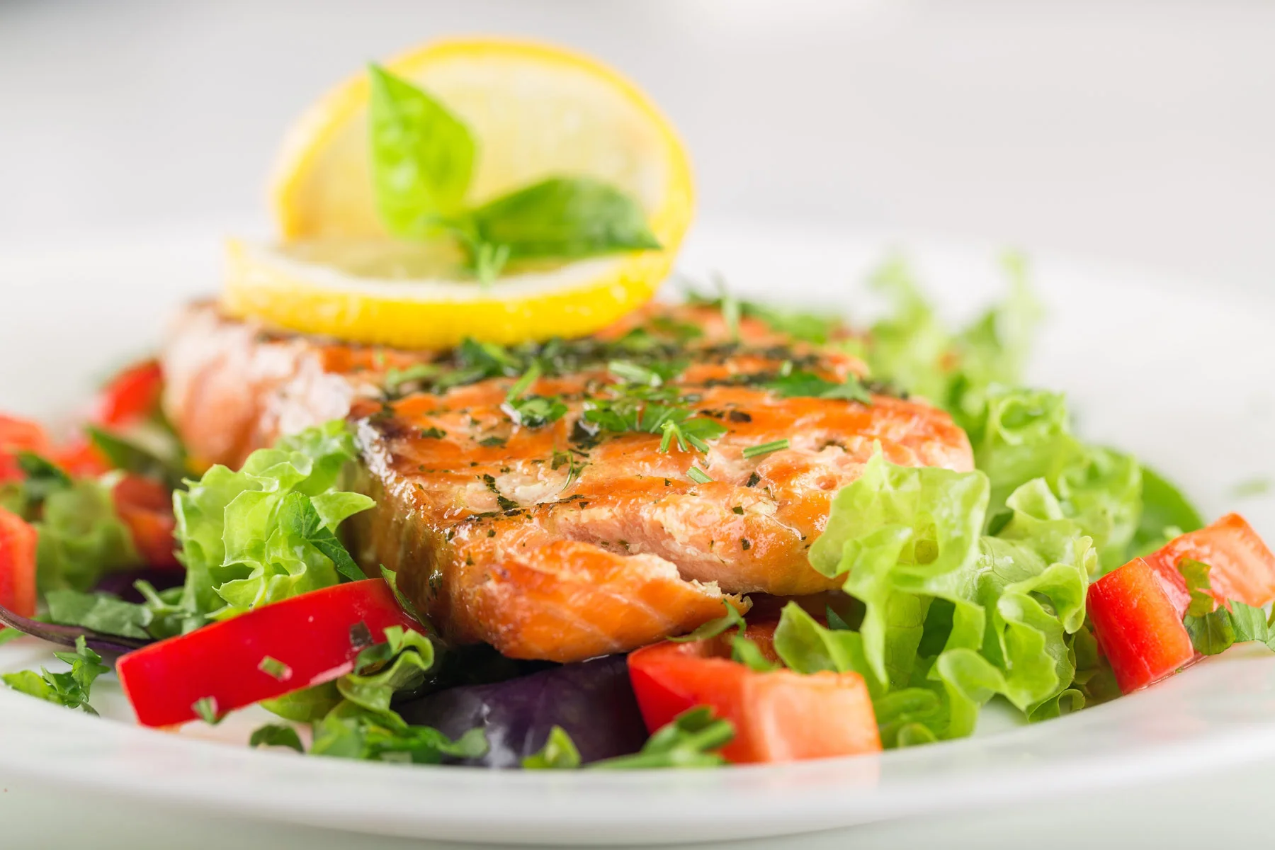 Grilled Salmon Salad Farm raised salmon lightly seasoned served atop crisp salad greens with tomatoes, bacon bits, and mixed bell peppers. 14.00