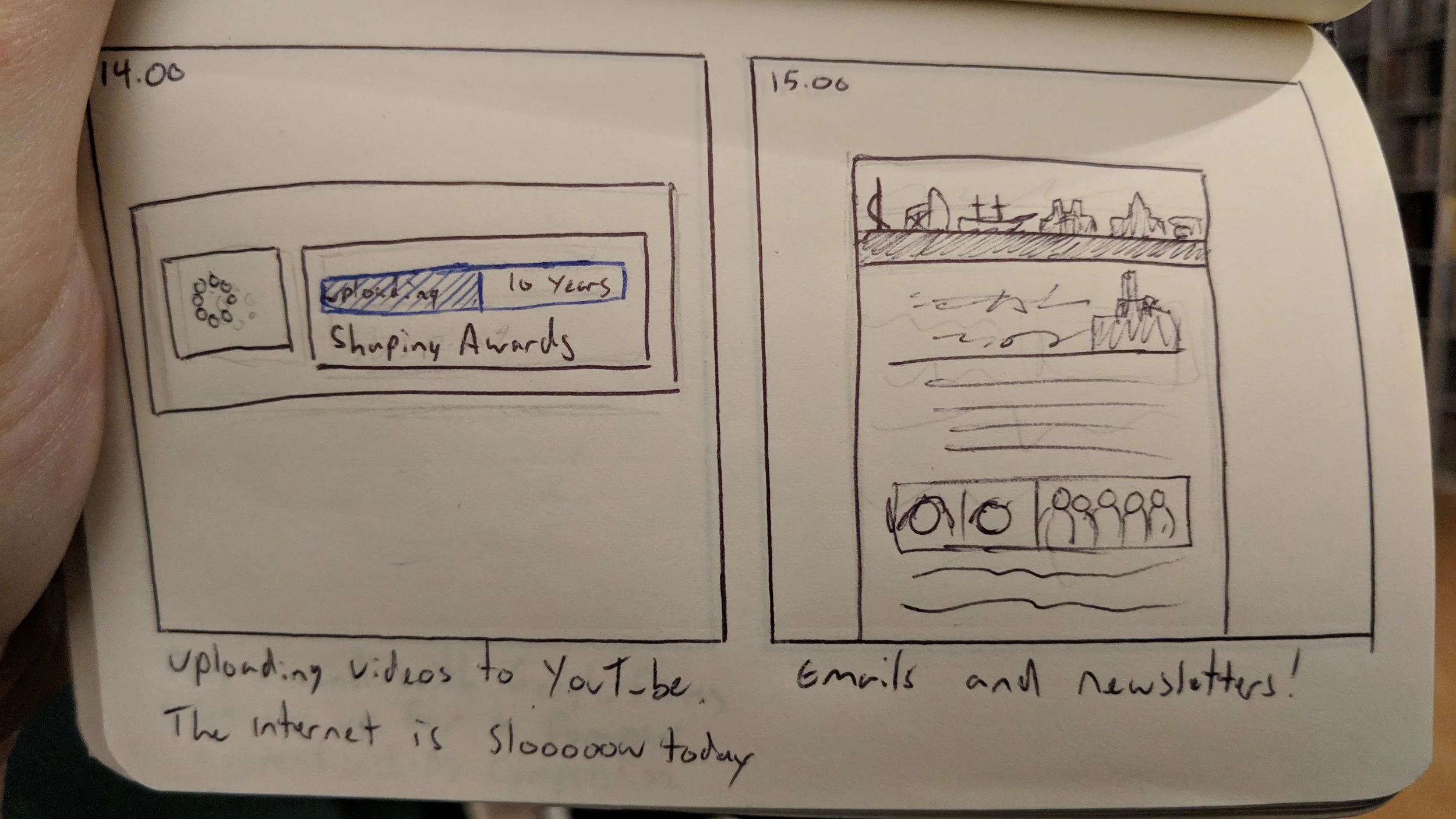 14:00 - Uploading interview videos to YouTube. The internet is slooooooow today. 15:00 - Emails and newsletters!