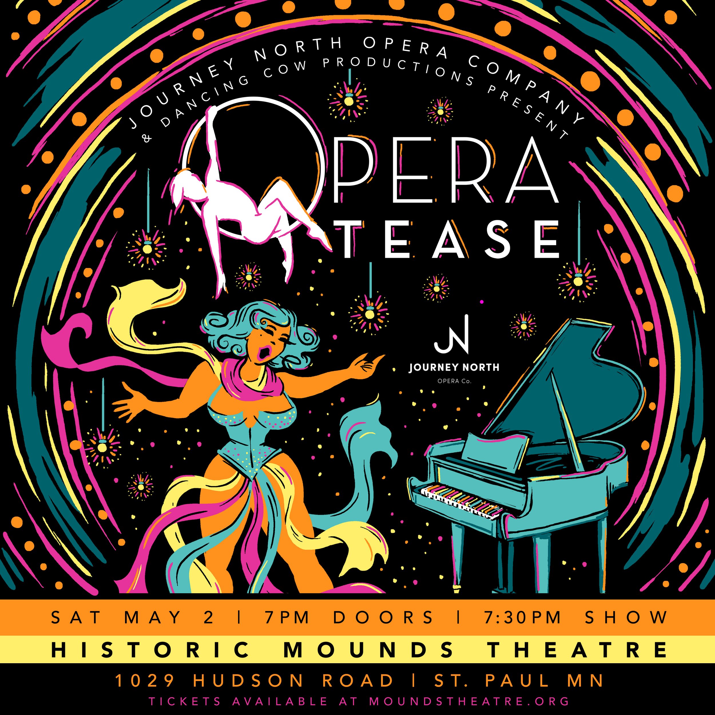 Art depicting the OperaTease logo, a singer, and a baby grand piano. The image has a black background with vivid teal, orange, pink, and yellow for the images and text.
