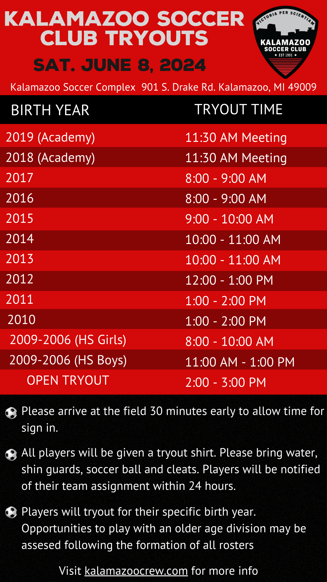 Tryouts Kalamazoo Soccer Club — Kalamazoo Soccer Club