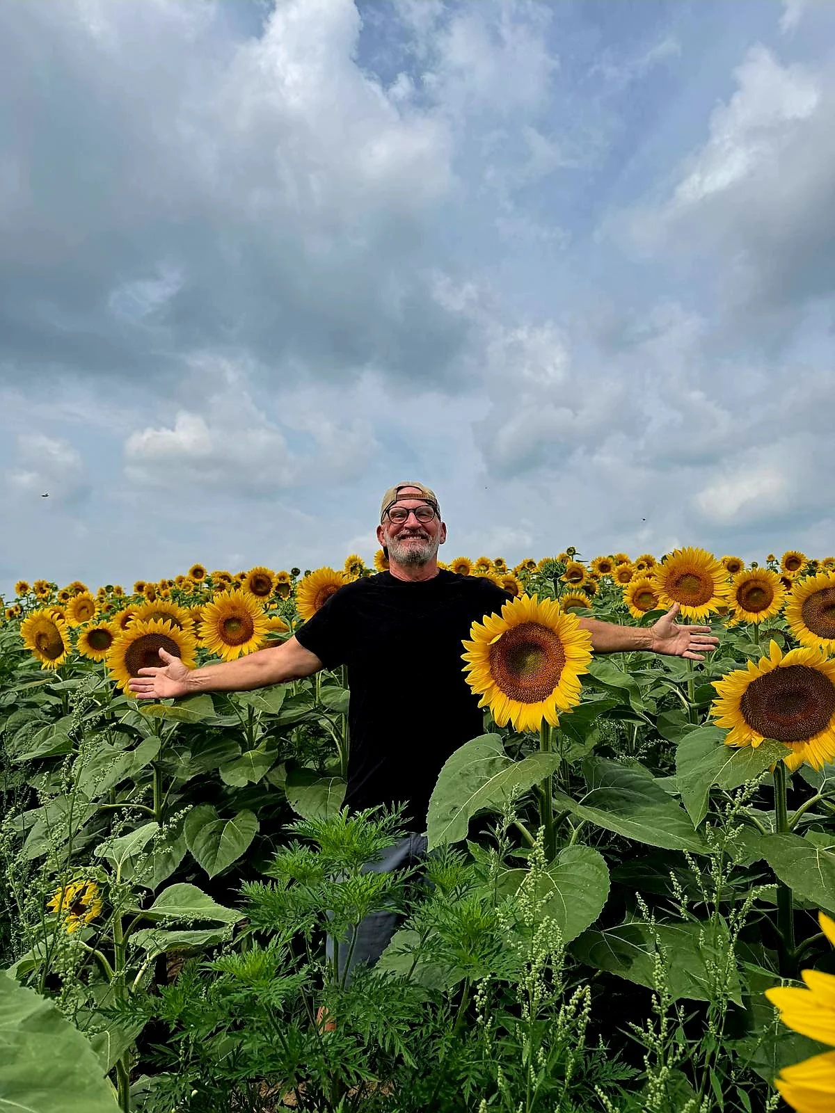 author, phil williams with a big smile, standing in a field of sunflowers