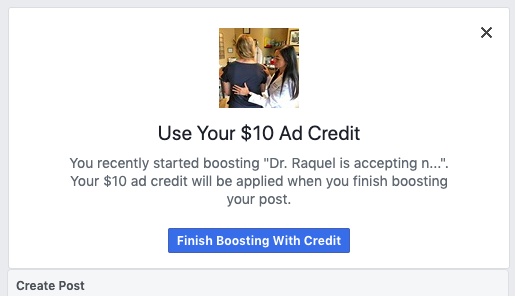 Here is the close-up view of that $10 Ad Credit - pretty enticing deal from Facebook.
