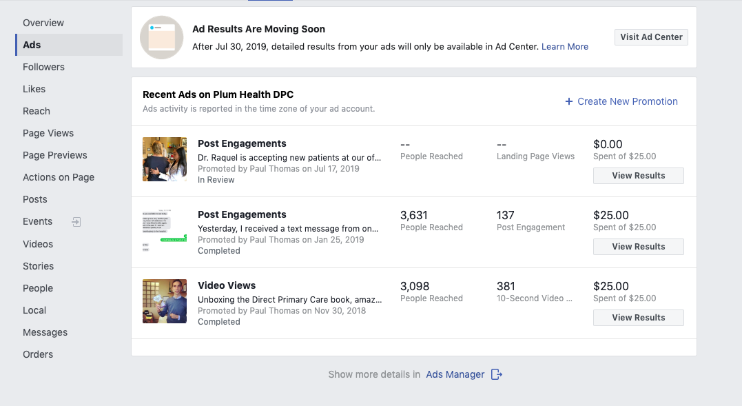 Once you log in to your Facebook for Business Account, you can see the results of the Ad and Ad Credit. It’s too soon to see any results for this one, but for past $25 investments, I’ve reached about 3,000 new people and had 137 and 381 people engage with my content.