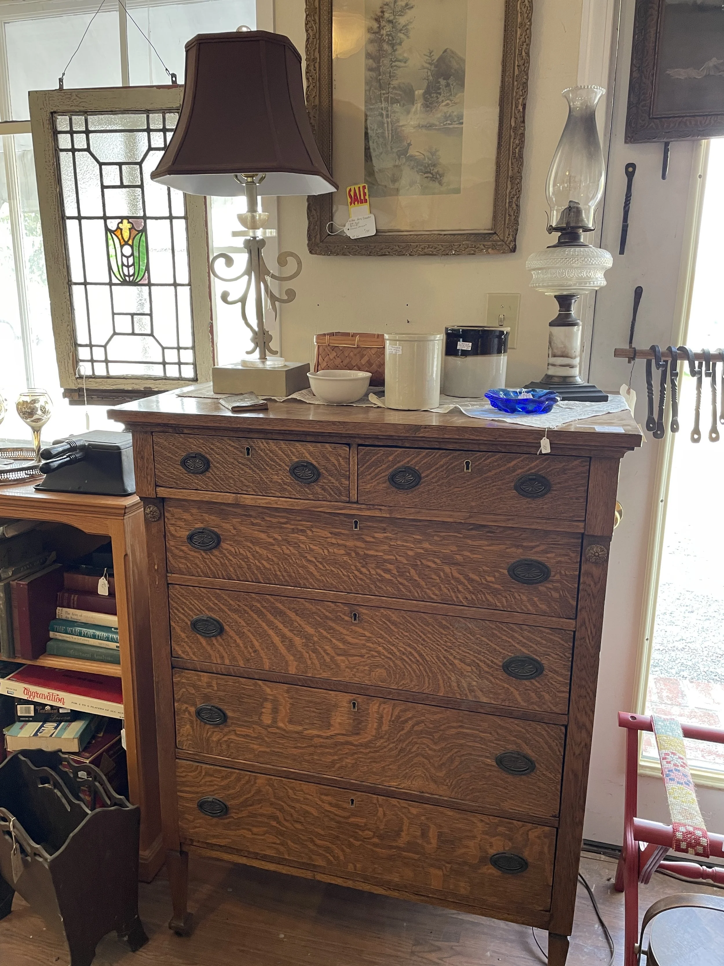 Vintage lamp and antique furnishings displayed at Wexford General Store Antiques in Wexford, Pennsylvania