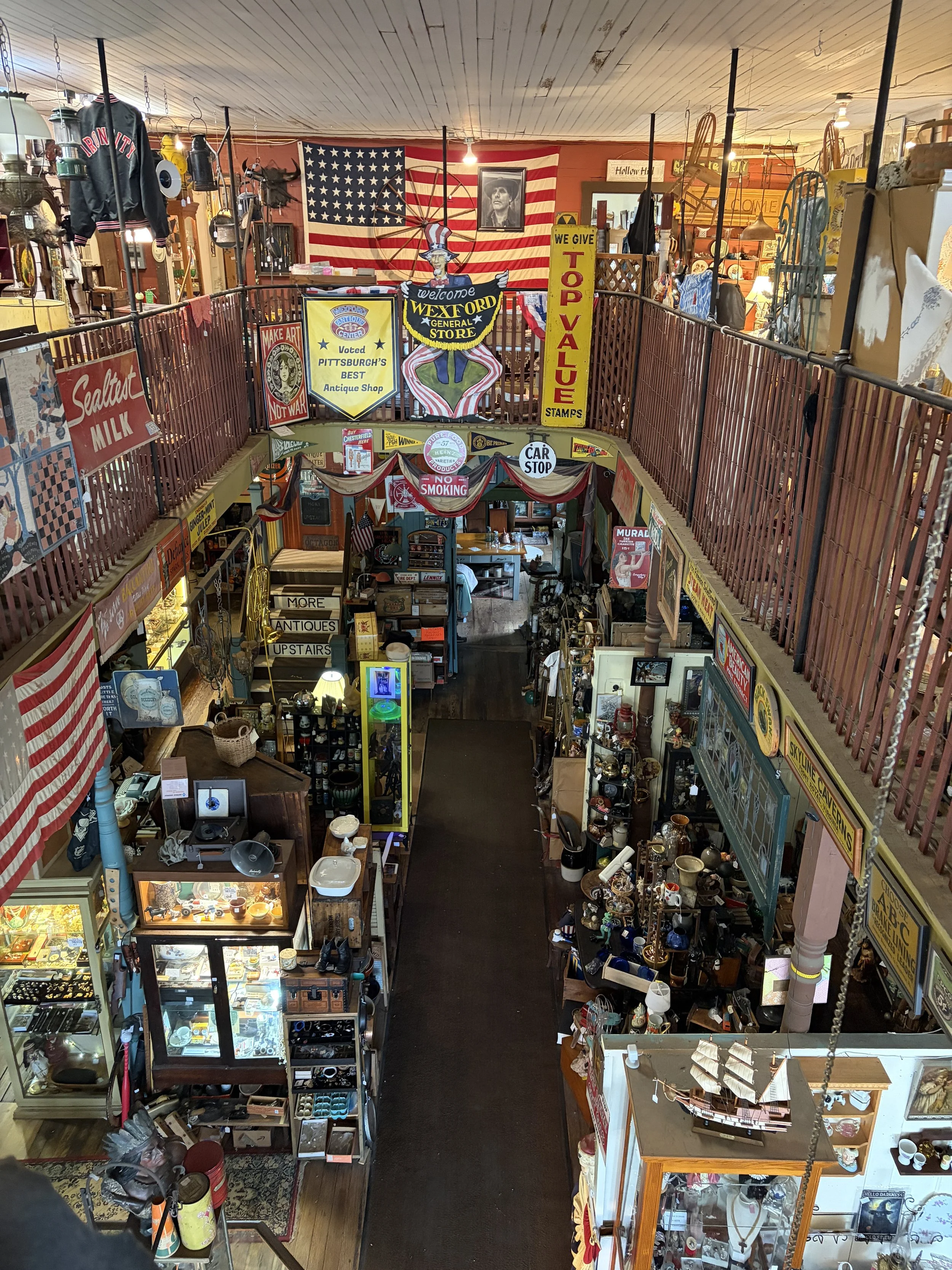 Interior view of Wexford General Store Antiques, featuring two floors of antiques, vintage finds and collectibles.