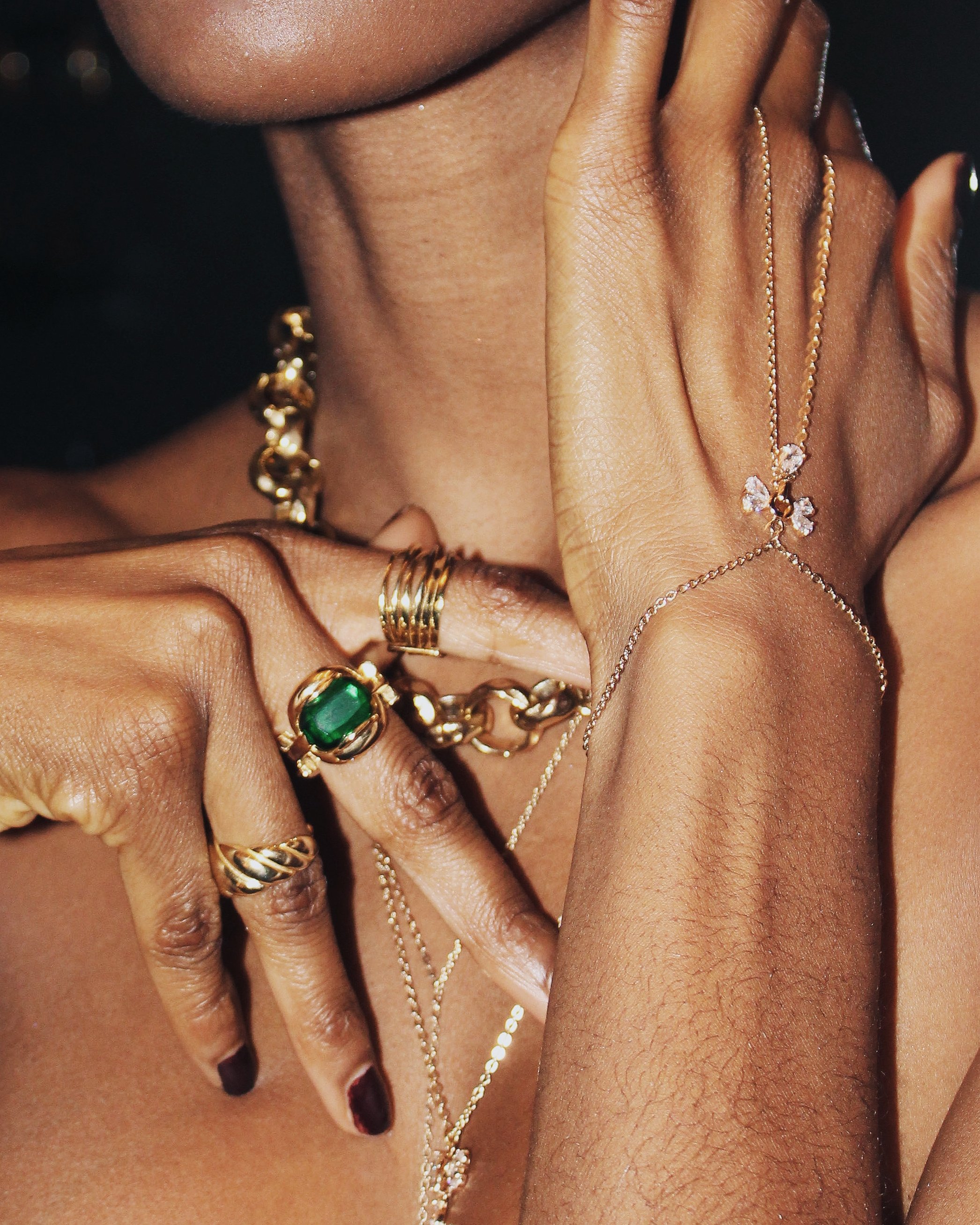 Clara 24k Gold Plated Ring , Marni Green Emerald Ring and Lolita Hand Harness Bracelet