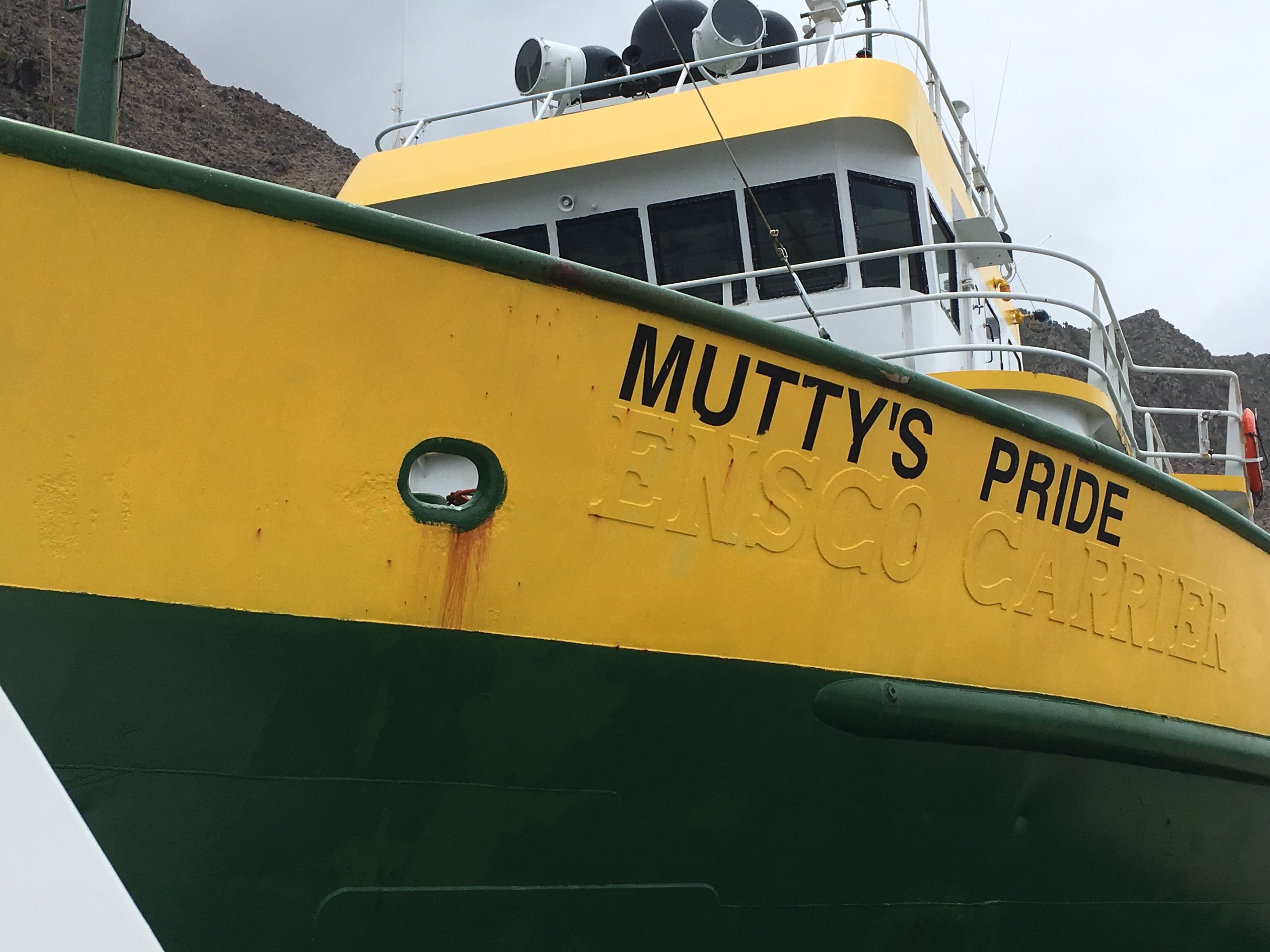 Wednesday is grocery day! That's when this ship comes to Fort Bay.