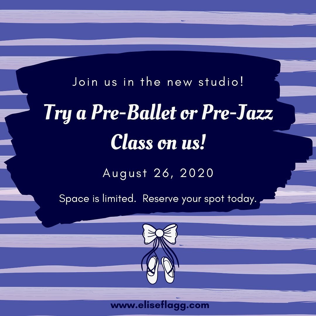 Come and visit us in our new studio!⁣
⁣
On August 26th, we will be offering complimentary pre-ballet and pre-jazz classes for your tiny dancers.⁣
⁣
Pre-Ballet 1 (ages 3-4): 10am - 10:30am⁣
Pre-Ballet 2 (ages 5-6): 10:30am - 11:15am⁣
Pre-Jazz (ages 5-