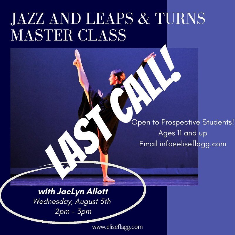 Tomorrow&rsquo;s the Jazz/Leaps &amp; Turns Master Class!⁣
⁣
There&rsquo;s still time to sign up! Just remember, you must preregister to attend. No drop-ins will be allowed.⁣
⁣
We&rsquo;ll see you there!⁣
⁣
#EliseFlaggAcademyofDance #EFAD #JazzDance 