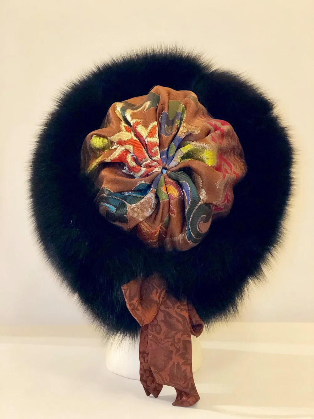 Elegant Chinese Brocade Handmade Blue and Brown Fox Fur-Trimmed Women\'s Hat S 65826152_734431233638856_24385  main image 4
